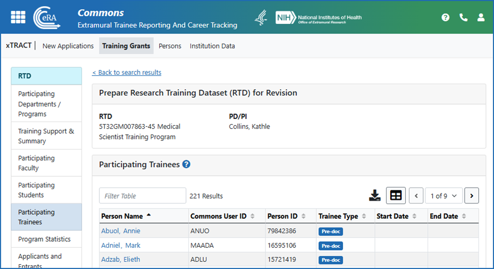 Participating Trainees screen of an RTD