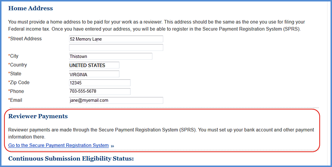 The secure payment registration system (SPRS) link is displayed