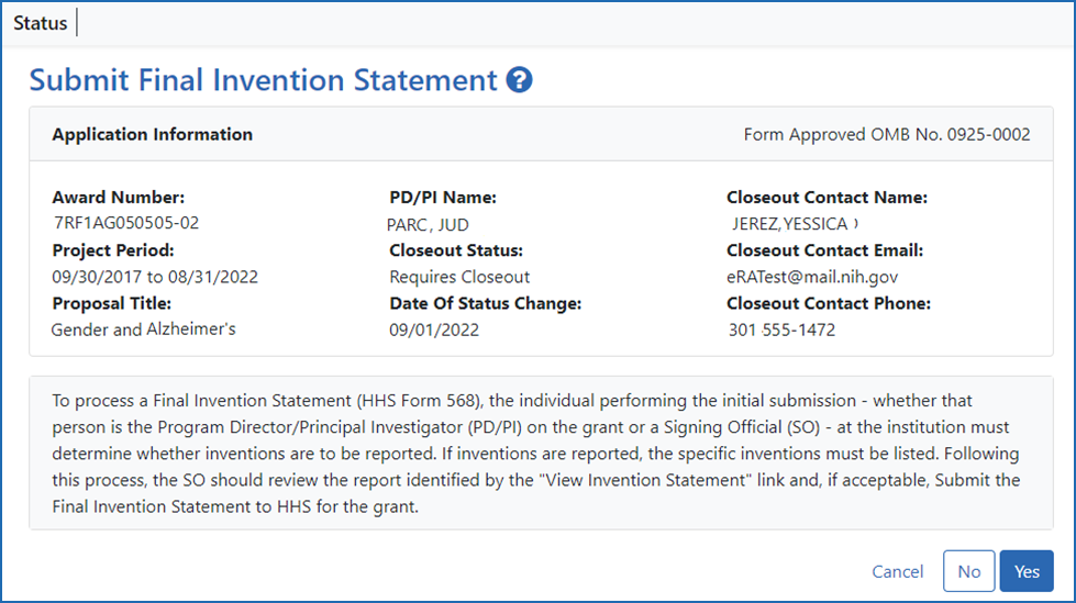 Figure 1: Submit Final Invention Statement screen, where the user clicks Yes to add inventions