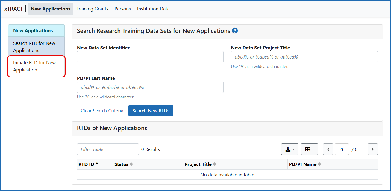 Initiate Research Training Dataset (RTD) for New Applications screen