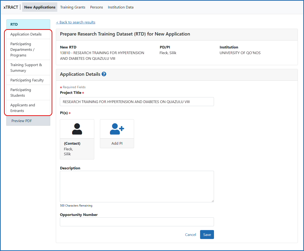 Prepare RTD for New Application showing left navigation for the categories of data