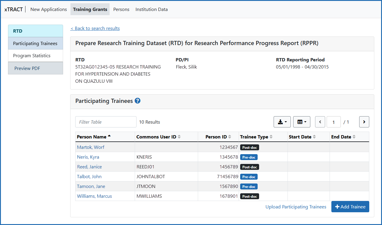 Prepare RTD for RPPR screen showing Participating Trainee section